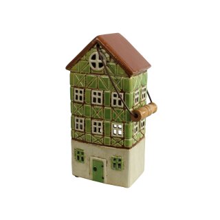 Großes Windlicht Haus aus Keramik grün mit Henkel