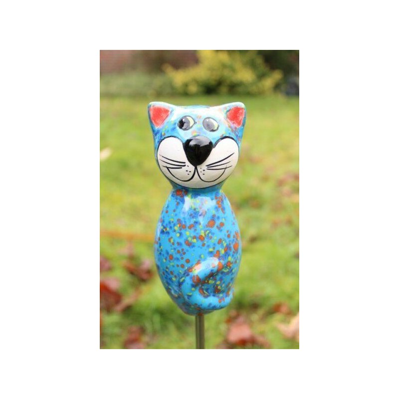Gartenfigur Katze aus Keramik blau 17 cm hoch