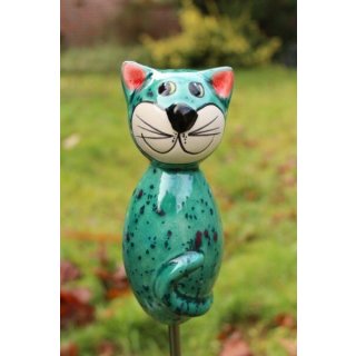 Dekofigur Katze aus Keramik grün Gartendeko