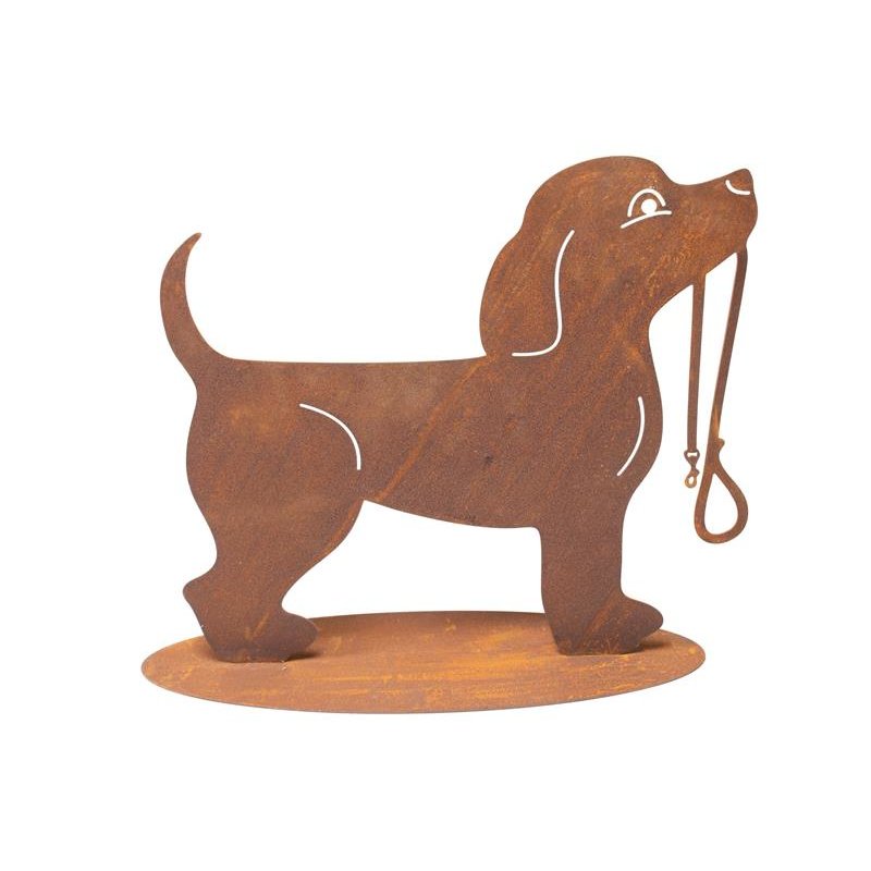 Rost Gartenfigur Hund mit Hundeleine Edelrost Gartendekoration Metall
