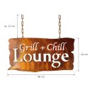 Edelrost H&auml;ngeschild Grill und Chill Lounge im naturnahen Garten am Gartenweg, wetterfeste Metall-Deko