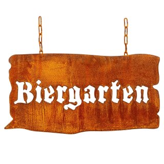 Rostiges Gartenschild Biergarten aus Metall im...