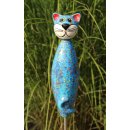Gartenfigur Katze aus Keramik hellblau