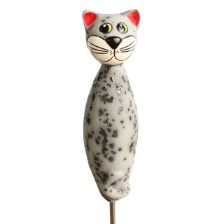Tierfigur Katze aus Keramik für einen Stab grau-matt